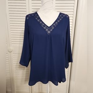 Papermoon V-Neck Hi-Low Heather Lace Detail Blouse, Ladies Size Large, Navy, NWT